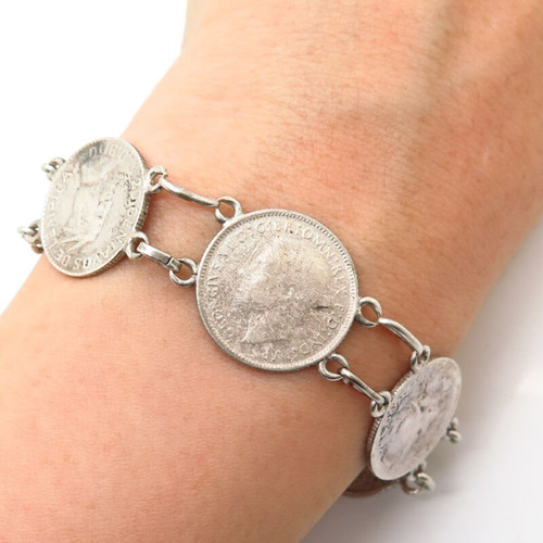 900 Silver Vintage Assorted Coins Link Bracelet 7 1/4"