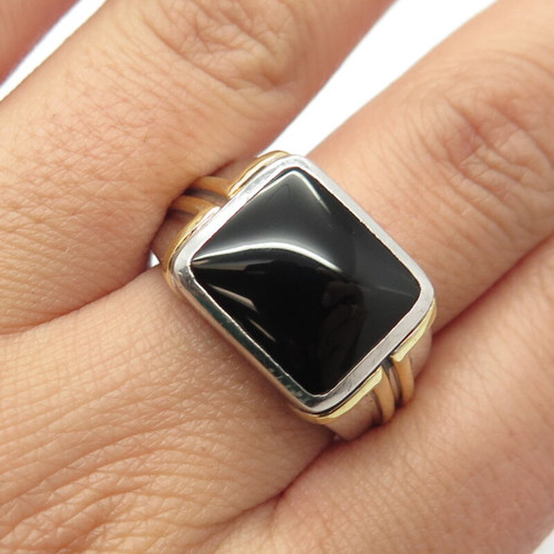 925 Sterling Silver 2-Tone Vintage Real Black Onyx Gemstone Ring Size 10.75
