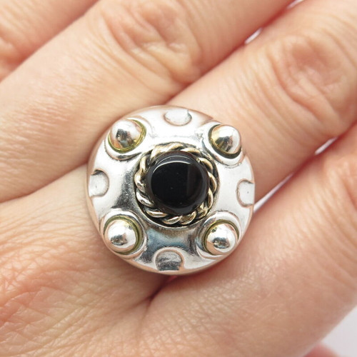 925 Sterling Silver 2-Tone Vintage Real Black Onyx Gemstone Ring Size 7.25