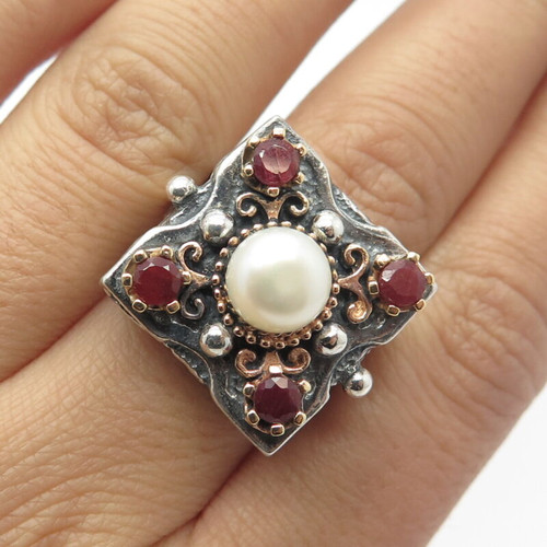925 Sterling Silver 2-Tone Vintage Turkey Real Pearl & Ruby Gem Ring Size 7.25
