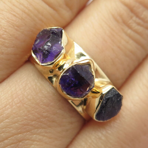 925 Sterling Silver Gold Plated Vintage Real Amethyst Gemstone Ring Size 8.25