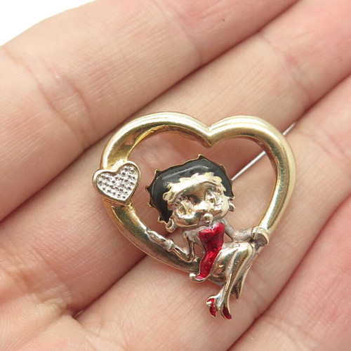 925 Sterling Silver Gold Plated Vintage Real Diamond Accent Betty Boop Pendant