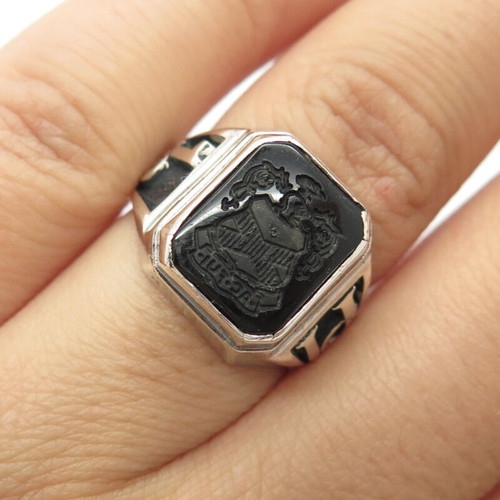 925 Sterling Silver Jostens Sew Real Black Onyx AC FIU College Ring Size 6.75
