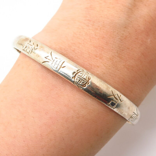 925 Sterling Silver Vintage Asia Chinese Writings Bangle Bracelet 7 1/4"