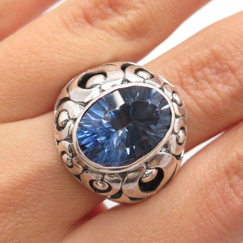 925 Sterling Silver Vintage Blue C Z Ornate Domed Ring Size 6