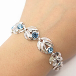 925 Sterling Silver Vintage Blue Rhinestone Modernist Link Bracelet 7.5"