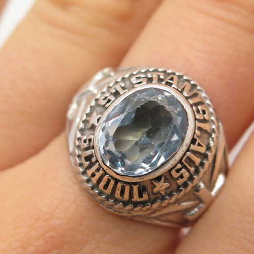 925 Sterling Silver Vintage Blue Topaz 1977 St. Stanislaus School Ring Size 8