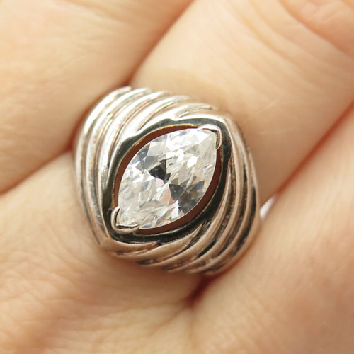 925 Sterling Silver Vintage C Z Ribbed Ring Size 9