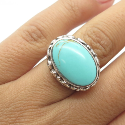 925 Sterling Silver Vintage Cabochon Real Turquoise Swirl Statement Ring Size 6