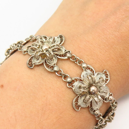 925 Sterling Silver Vintage Filigree Floral Design Link Bracelet 7"