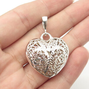 925 Sterling Silver Vintage Filigree Puffy Heart Pendant
