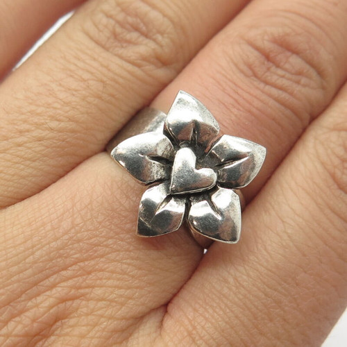 925 Sterling Silver Vintage Floral Heart Ring Size 7.75