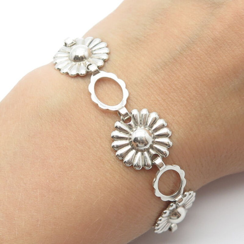 925 Sterling Silver Vintage Floral Link Bracelet 7"