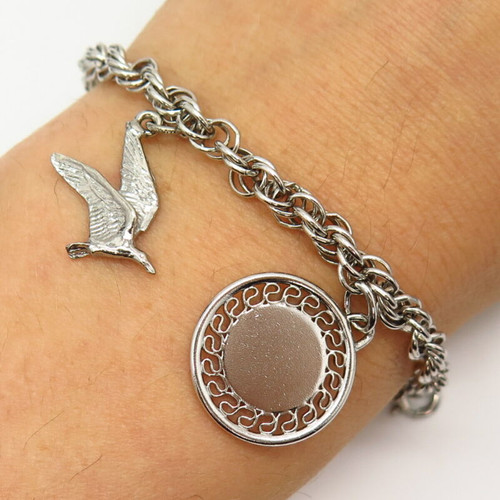 925 Sterling Silver Vintage Flying Bird & Maple Leaf Charms Link Bracelet 6 3/4"