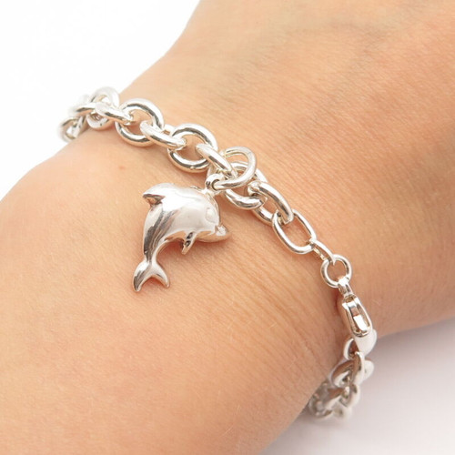 925 Sterling Silver Vintage Friendly Dolphin Rolo Link Bracelet 7"