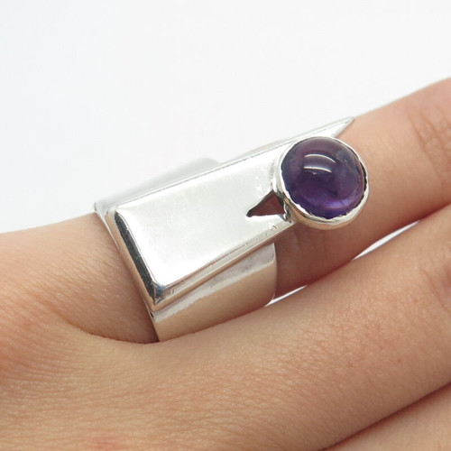 925 Sterling Silver Vintage Hand Wrought Real Amethyst Gemstone Ring Size 3.25