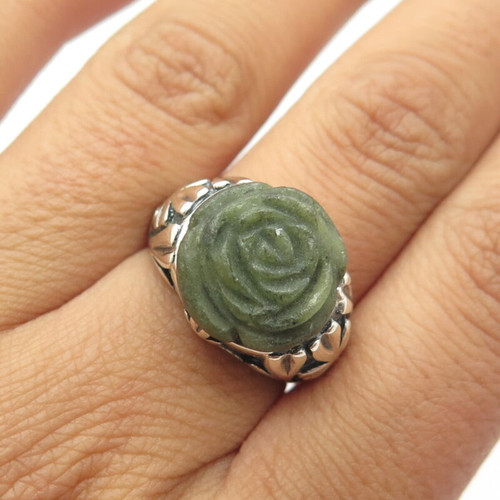 925 Sterling Silver Vintage Ireland Real Jade Gemstone Rose Floral Ring Size 7.5
