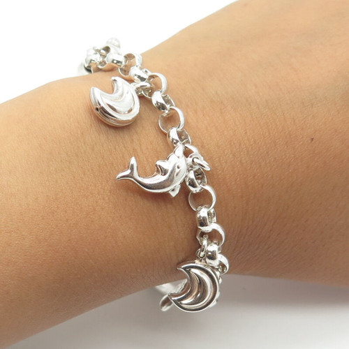 925 Sterling Silver Vintage Italy Dolphin & Crescent Moon Charm Bracelet 7.5"