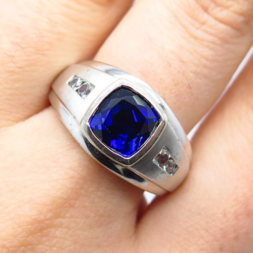 925 Sterling Silver Vintage Lab-Created Sapphire & C Z Ring Size 9.5