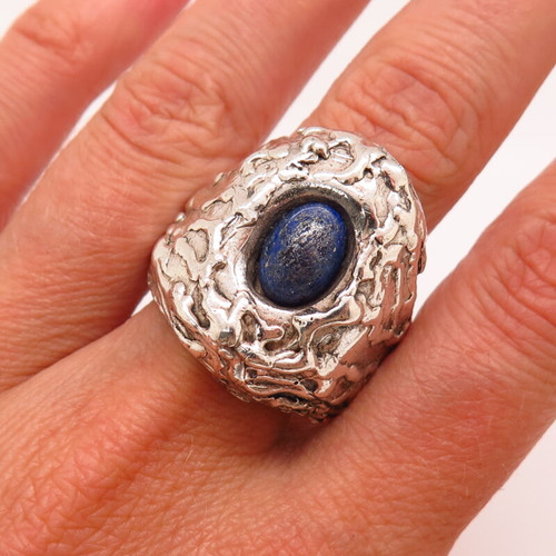 925 Sterling Silver Vintage Lapis Lazuli Gem Textured Design Wide Ring Size 12.5
