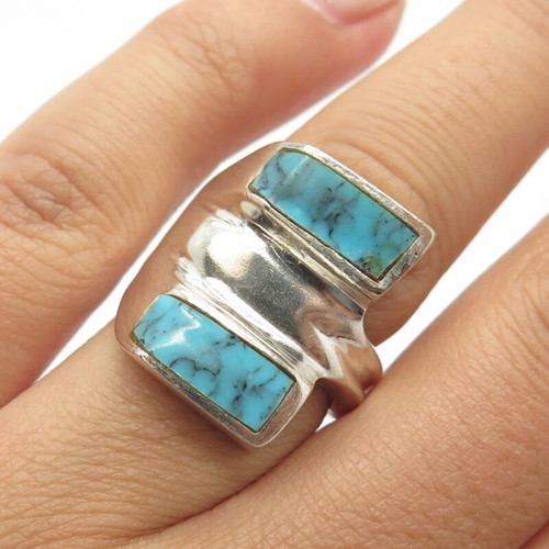 925 Sterling Silver Vintage Mexico Real Bisbee Turquoise Statement Ring Size 7.5