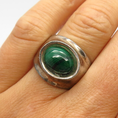 925 Sterling Silver Vintage Mexico Real Malachite Gem Wide Ring Size 7