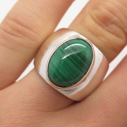 925 Sterling Silver Vintage Mexico Real Malachite Gemstone Wide Ring Size 7.5