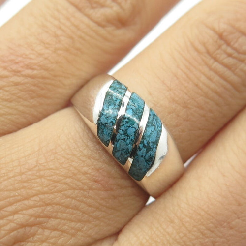 925 Sterling Silver Vintage Mexico Real Turquoise Inlay Gem Ring Size 8