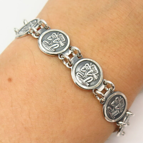 925 Sterling Silver Vintage Mexico Tribal God Design Link Bracelet 7.5"