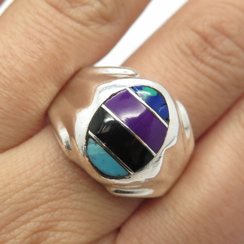 925 Sterling Silver Vintage Mexico Turquoise Onyx Sugilite Gem Ring Size 12.5