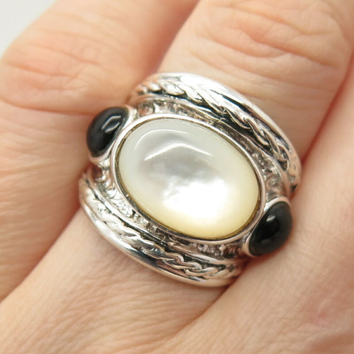 925 Sterling Silver Vintage Mother-of-Pearl Black Onyx Gem Wide Ring Size 6 3/4
