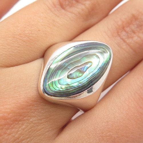 925 Sterling Silver Vintage Real Abalone Shell Statement Ring Size 6.5