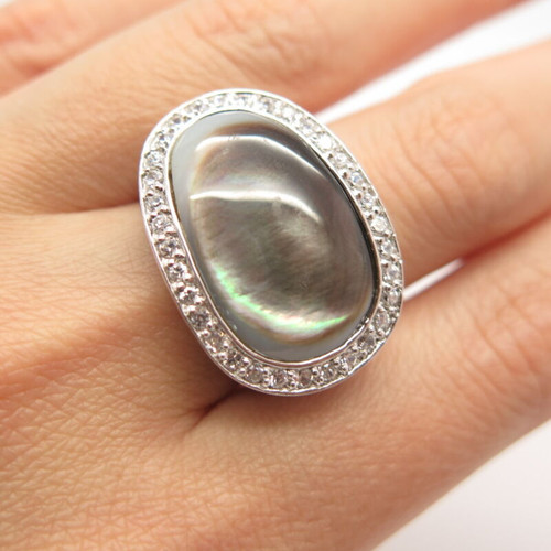 925 Sterling Silver Vintage Real Abalone Shell & C Z Ring Size 7.5