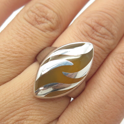 925 Sterling Silver Vintage Real Amber Animal Print Ring Size 7