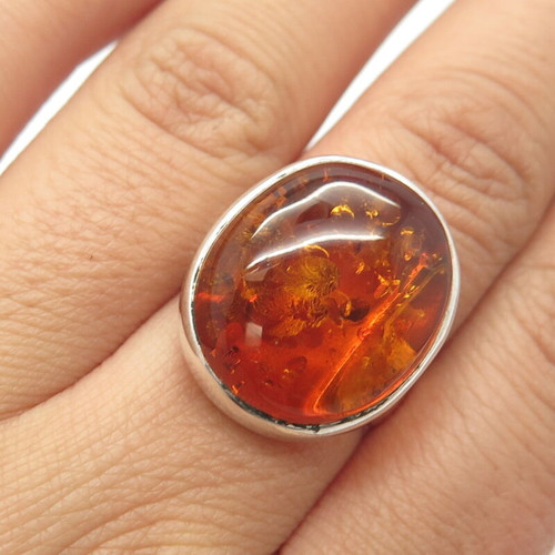 925 Sterling Silver Vintage Real Amber Ring Size 7.25