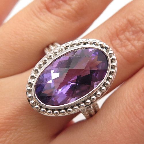 925 Sterling Silver Vintage Real Amethyst Gem Beaded Oval Ring Size 7