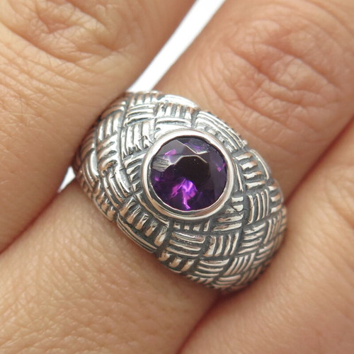 925 Sterling Silver Vintage Real Amethyst Gem Woven Ring Size 9.5
