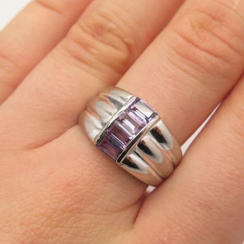 925 Sterling Silver Vintage Real Amethyst Gemstone Ribbed Ring Size 8