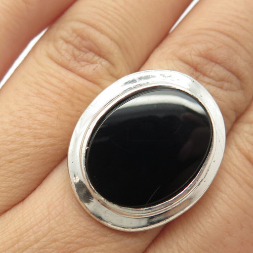 925 Sterling Silver Vintage Real Black Onyx Gem Large Ring Size 7
