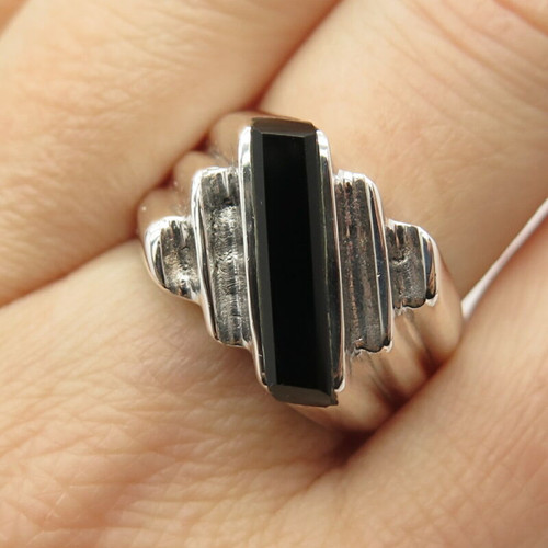 925 Sterling Silver Vintage Real Black Onyx Gem Ribbed Signet Ring Size 8 3/4