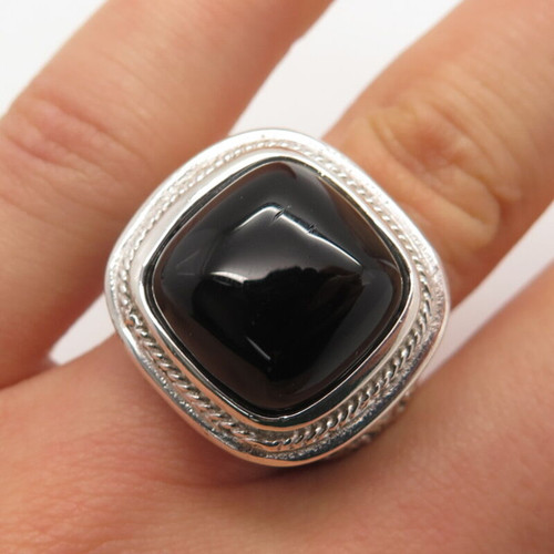 925 Sterling Silver Vintage Real Black Onyx Gem Square Heart Ring Size 7