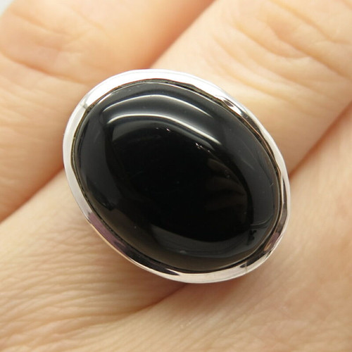 925 Sterling Silver Vintage Real Black Onyx Gem Textured Domed Ring Size 5 3/4