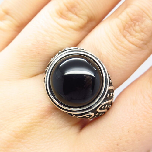 925 Sterling Silver Vintage Real Black Onyx Gemstone Ornate Ring Size 10