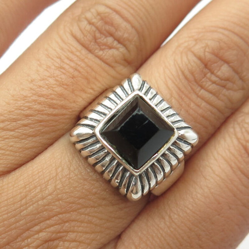 925 Sterling Silver Vintage Real Black Onyx Pyramid Statement Ring Size 7.75