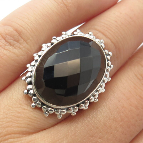 925 Sterling Silver Vintage Real Black Spinel Gemstone Doted Ring Size 6