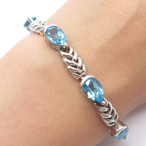 925 Sterling Silver Vintage Real Blue Topaz Gem Fancy Link Bracelet 7.25"