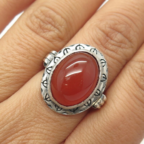 925 Sterling Silver Vintage Real Carnelian Gemstone Ethnic Ring Size 6