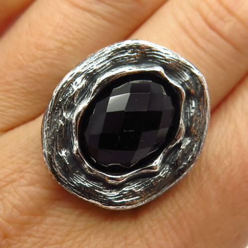 925 Sterling Silver Vintage Real Checkered Black Onyx Gem Wide Ring Size 8 1/4