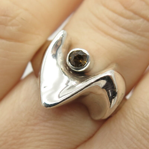 925 Sterling Silver Vintage Real Citrine Gemstone Modernist Ring Size 5 3/4