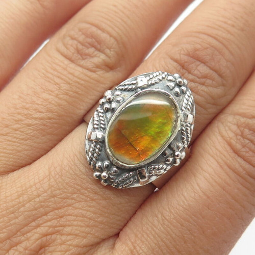 925 Sterling Silver Vintage Real Colorful Mother-of-Pearl Floral Ring Size 8.75